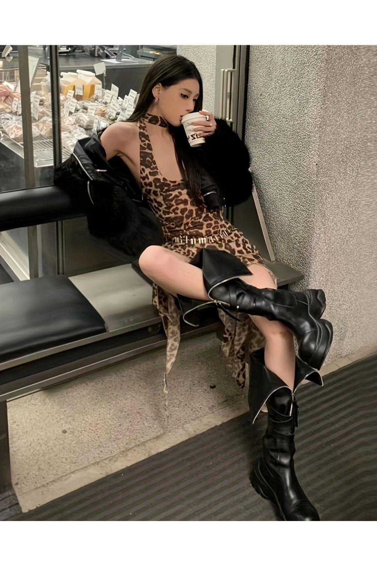 Leopar Desenli Halter Yaka Vücuda Oturan Transparan Pinterest Elbise