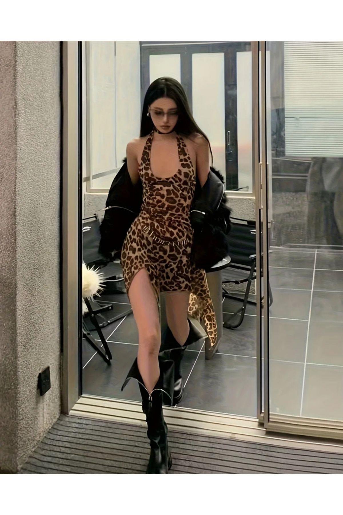 Leopar Desenli Halter Yaka Vücuda Oturan Transparan Pinterest Elbise