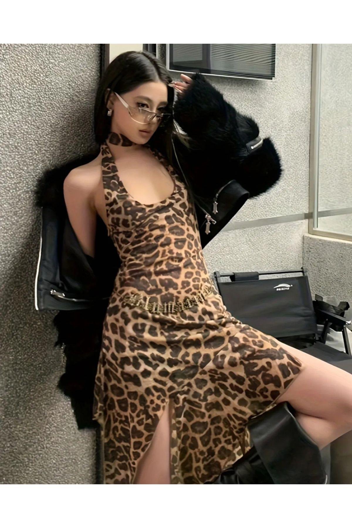 Leopar Desenli Halter Yaka Vücuda Oturan Transparan Pinterest Elbise