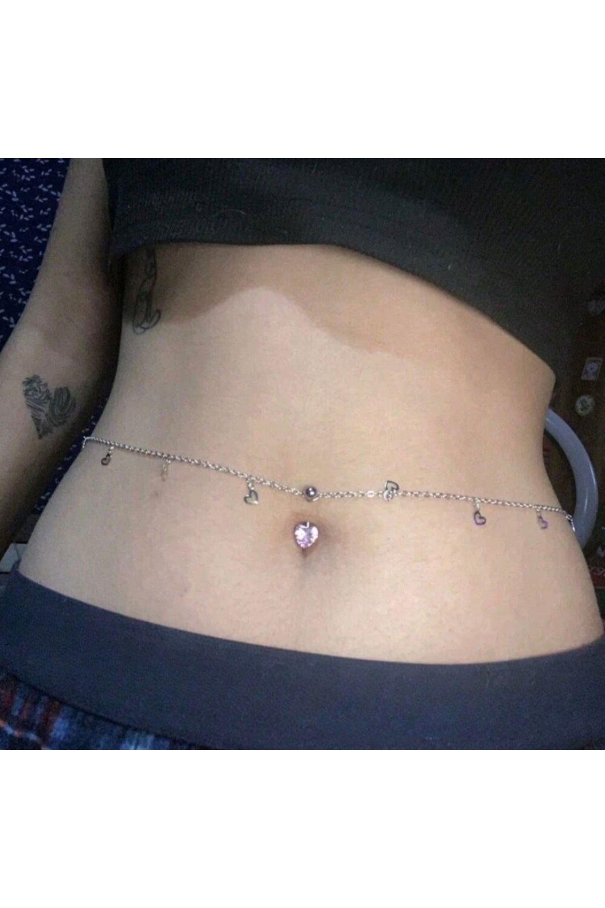 Y2k Coquette Pembe Kalpli Piercingli Bel Zinciri