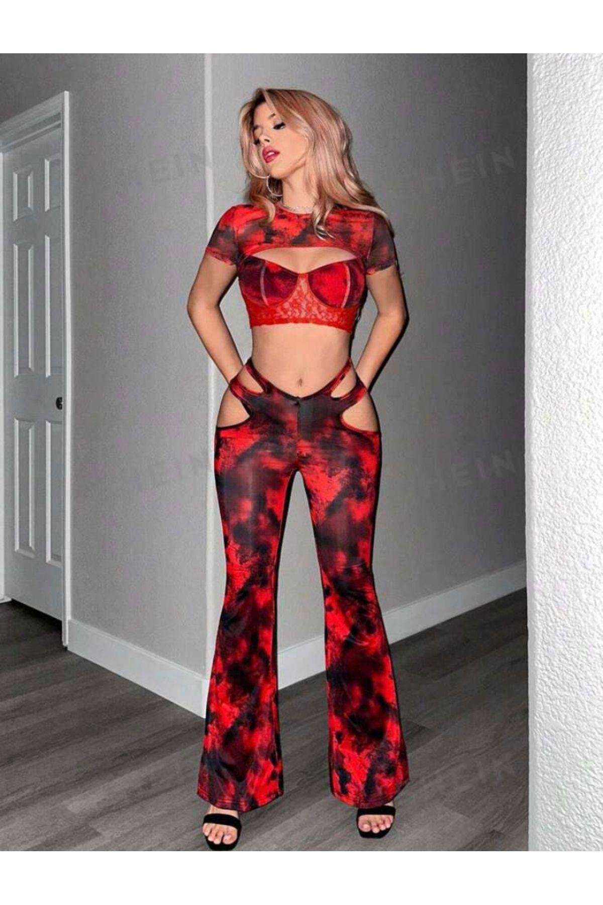 Y2k Grunge Kırmızı Batik İspanyol Pantolon