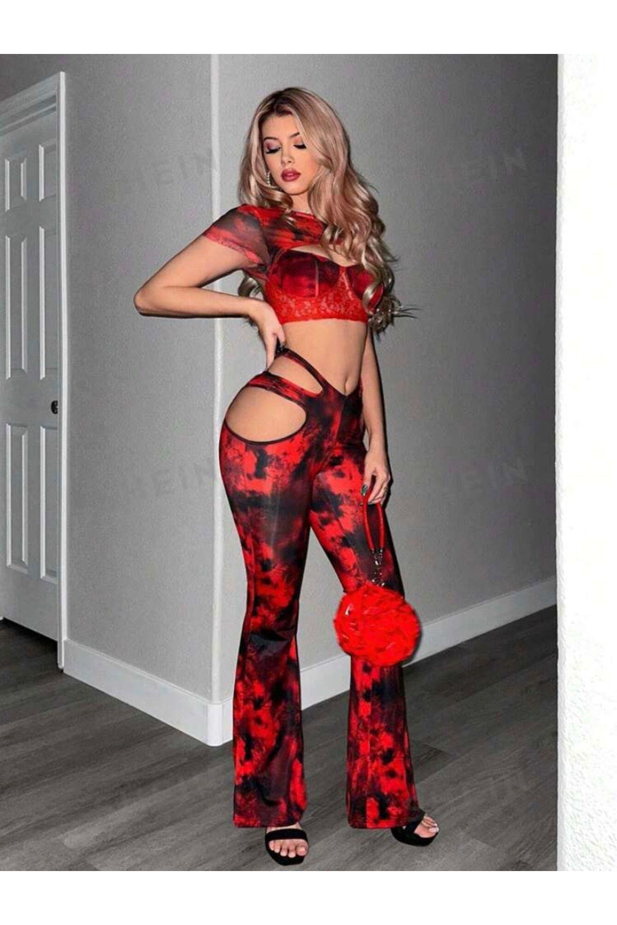 Y2k Grunge Kırmızı Batik İspanyol Pantolon