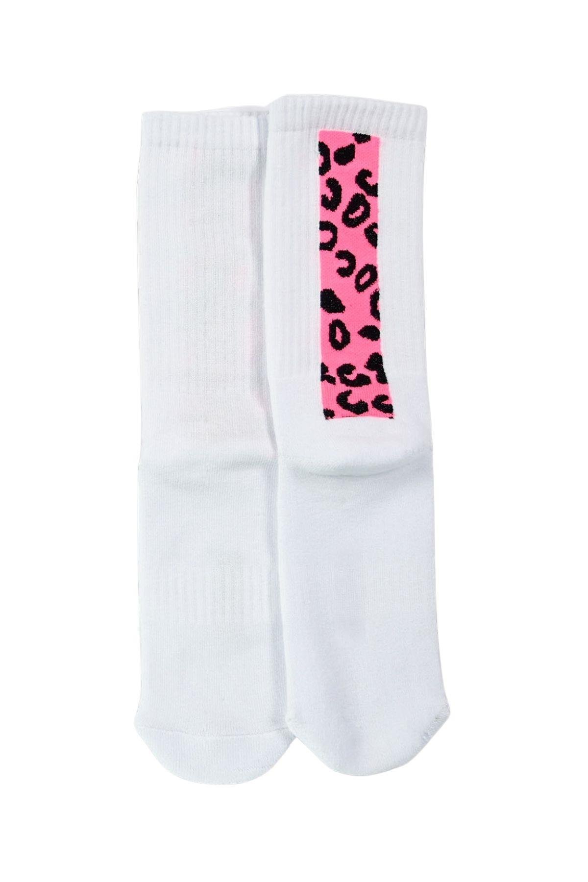 Kadın Beyaz-Pembe Leopar Desenli Soket Çorap
