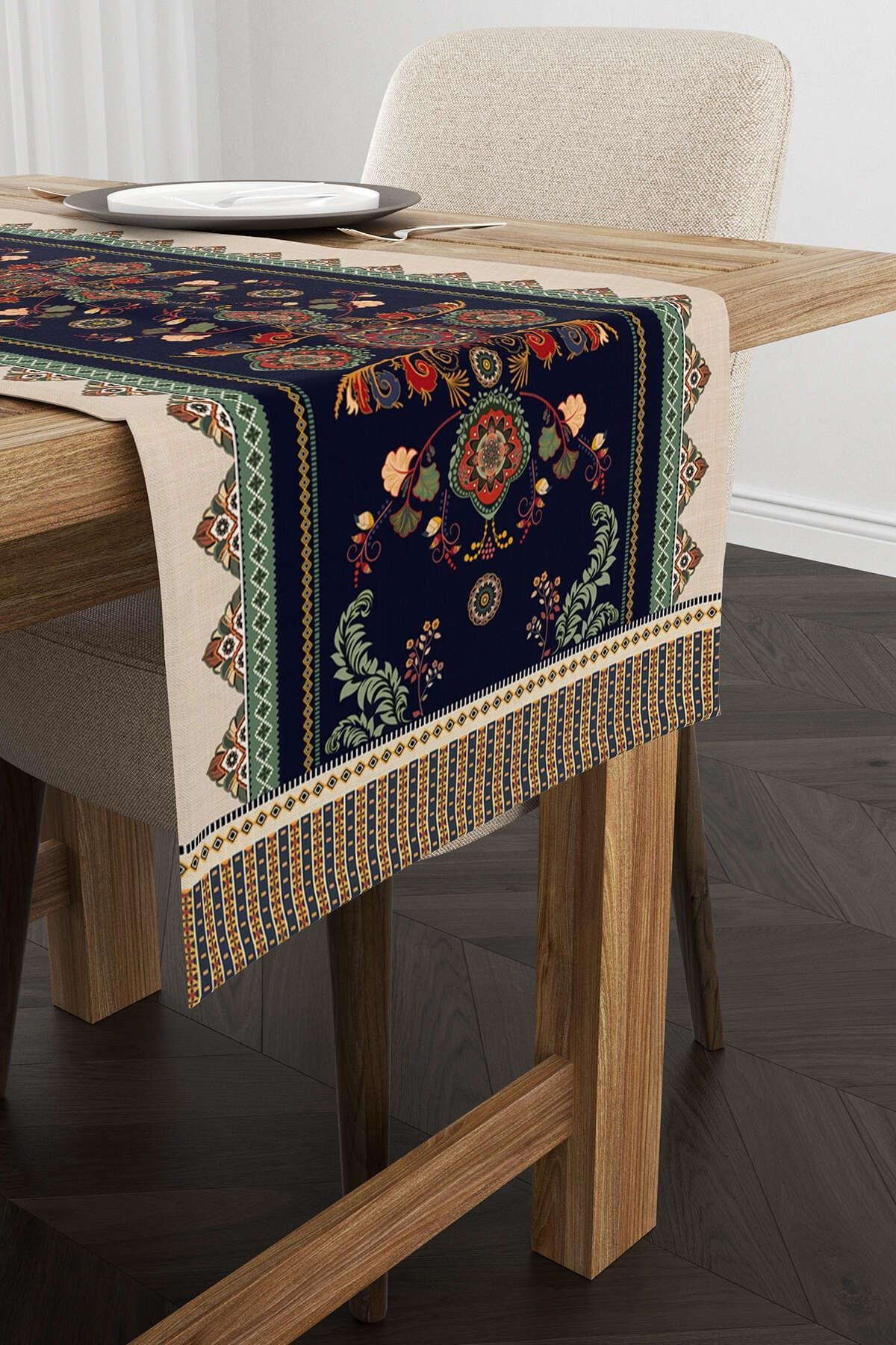  Lacivert Etnik Vintage Motif Desenli Dijital CGH1365-RNBaskılı Runner 