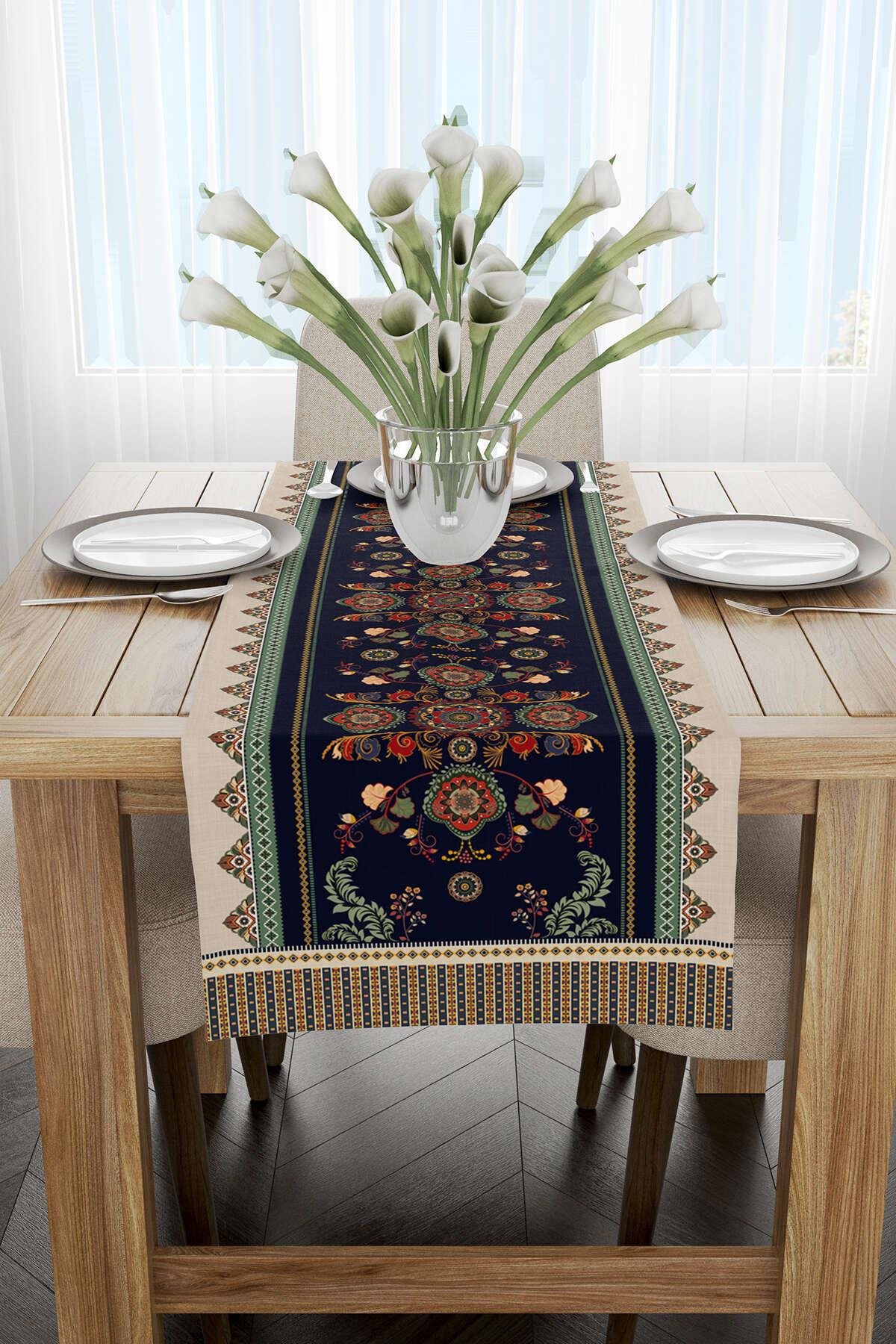  Lacivert Etnik Vintage Motif Desenli Dijital CGH1365-RNBaskılı Runner 