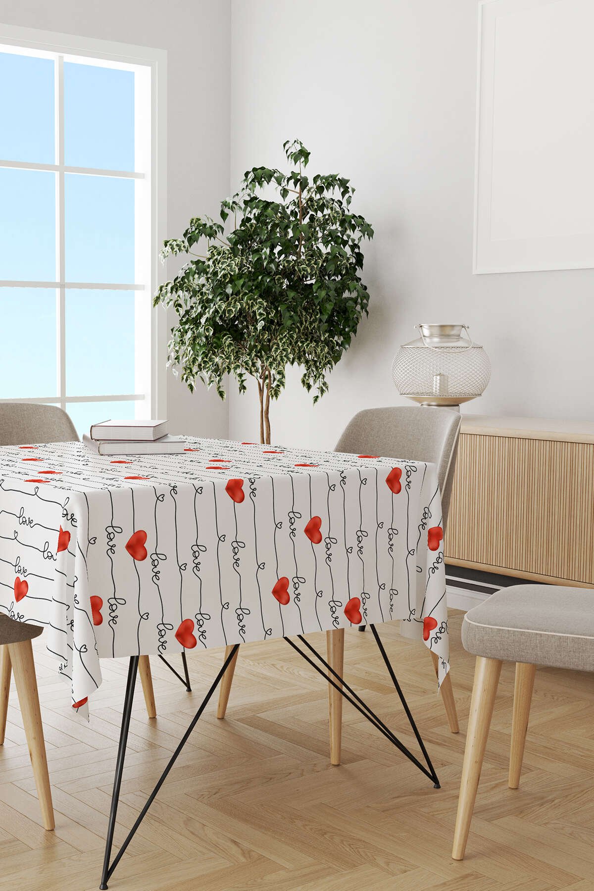 Beyaz Kırmızı Love Yazılı Kalp Desenli Dijital Baskılı Masaörtüsü CGH1004-MS