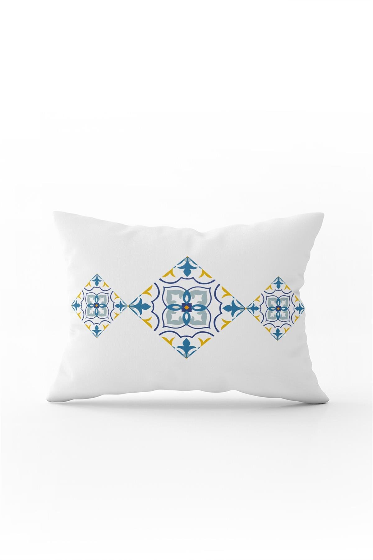 Beyaz Mavi Modern Etnik Karo Desenli Dijital Baskılı Kırlent Kılıfı CGH562-3550 Çift Tarafı Baskılı