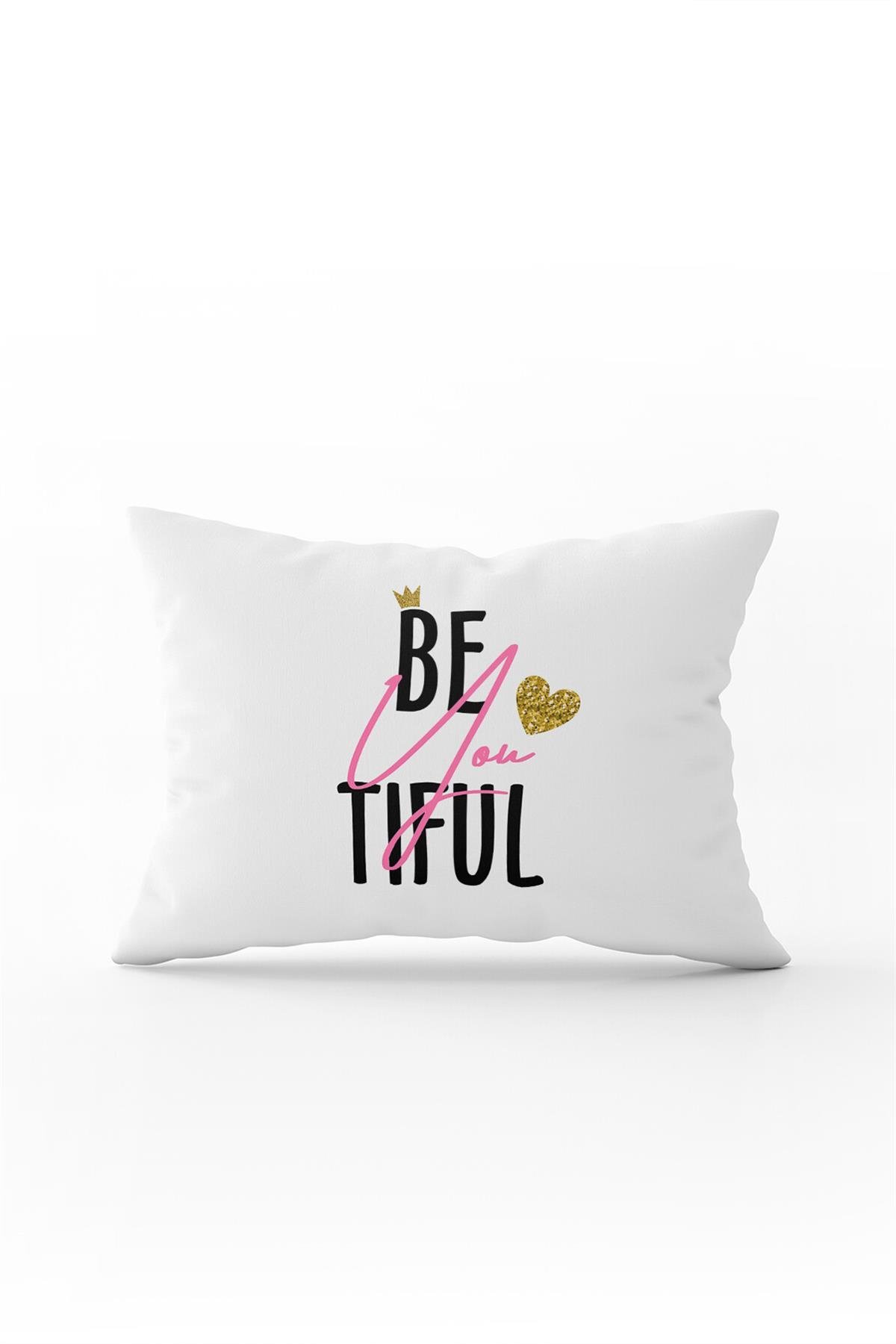Beyaz Pembe Beautiful Yazılı Dijital Baskı Kırlent Yastık Kılıfı - CGH406-3550 Çift Tarafı Baskılı