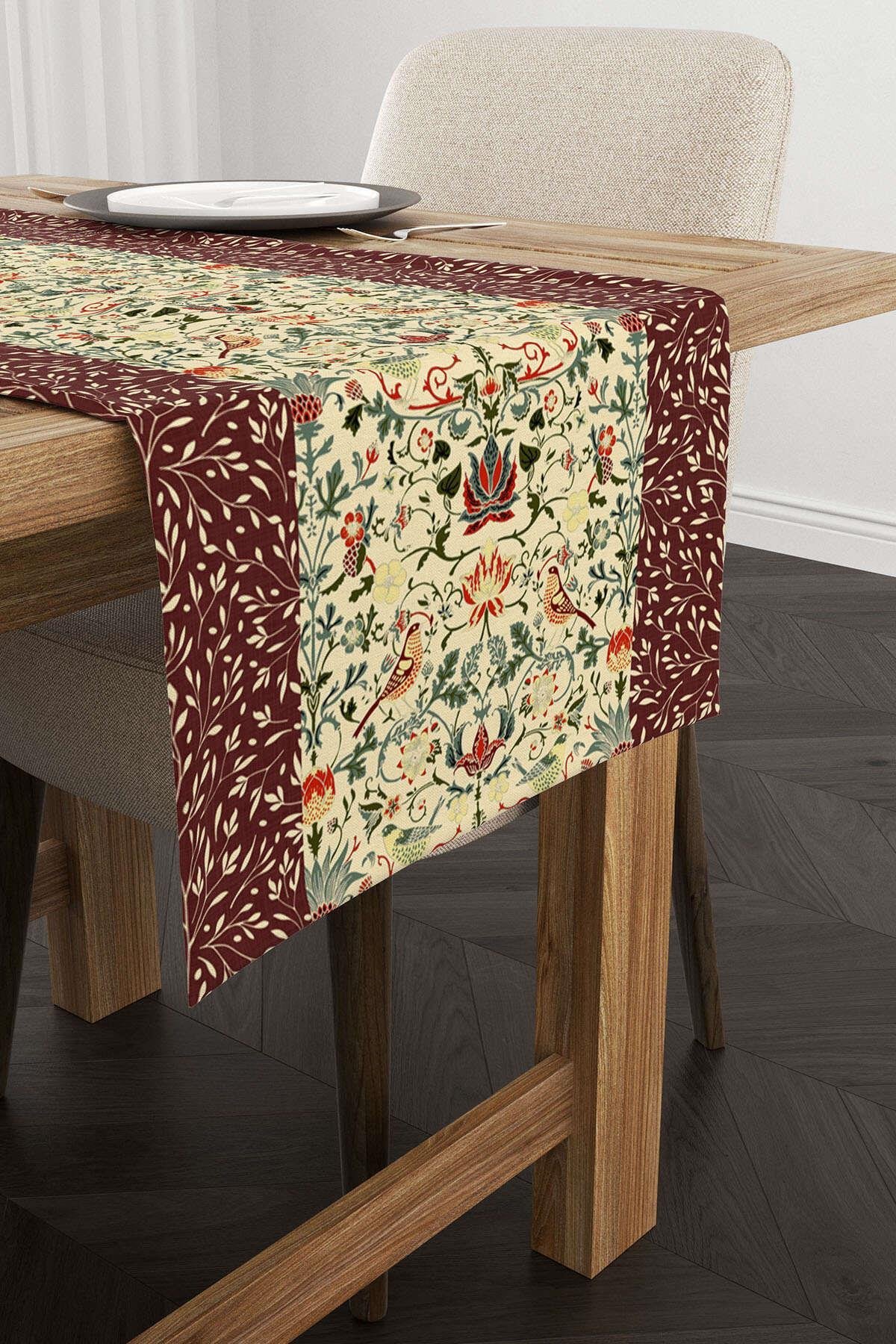 Bordo Motifli Çiçek Kuş Desenli Dijital Baskılı Runner CGH1370-RN