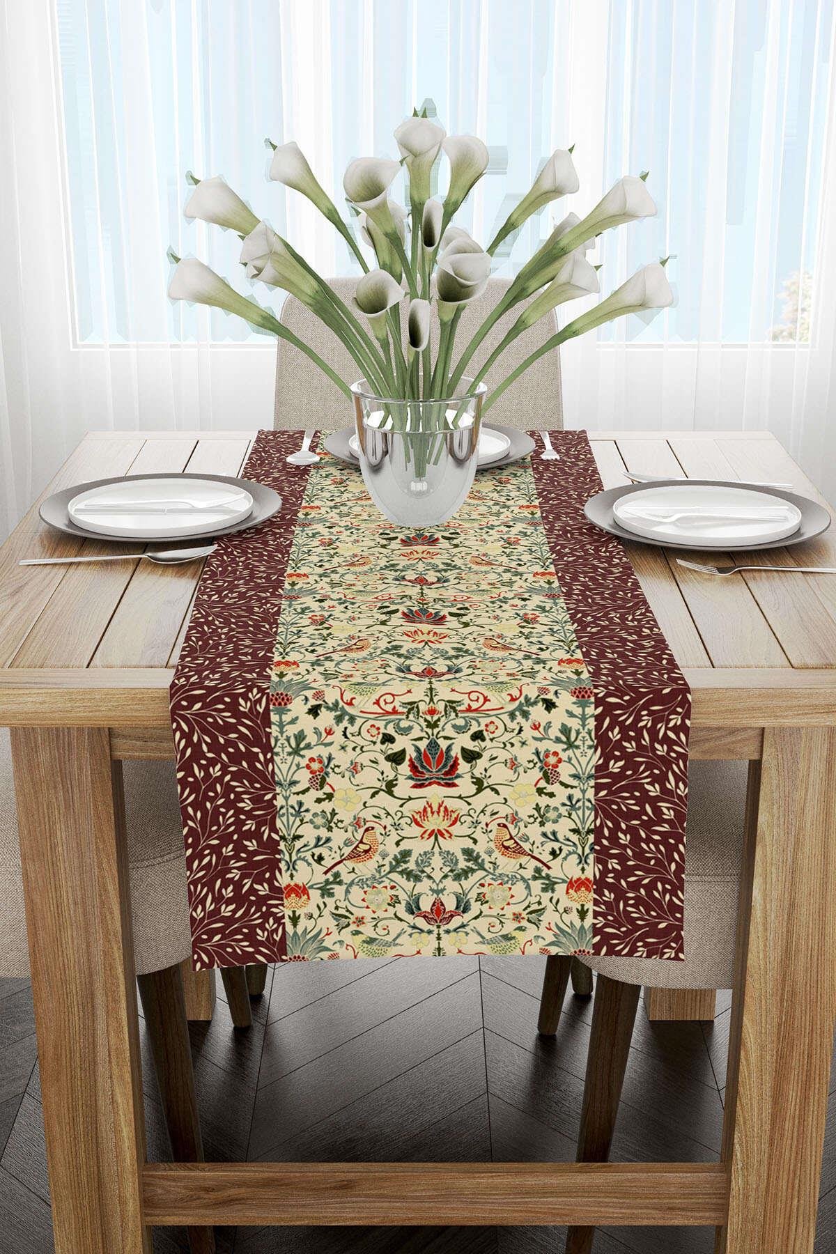 Bordo Motifli Çiçek Kuş Desenli Dijital Baskılı Runner CGH1370-RN