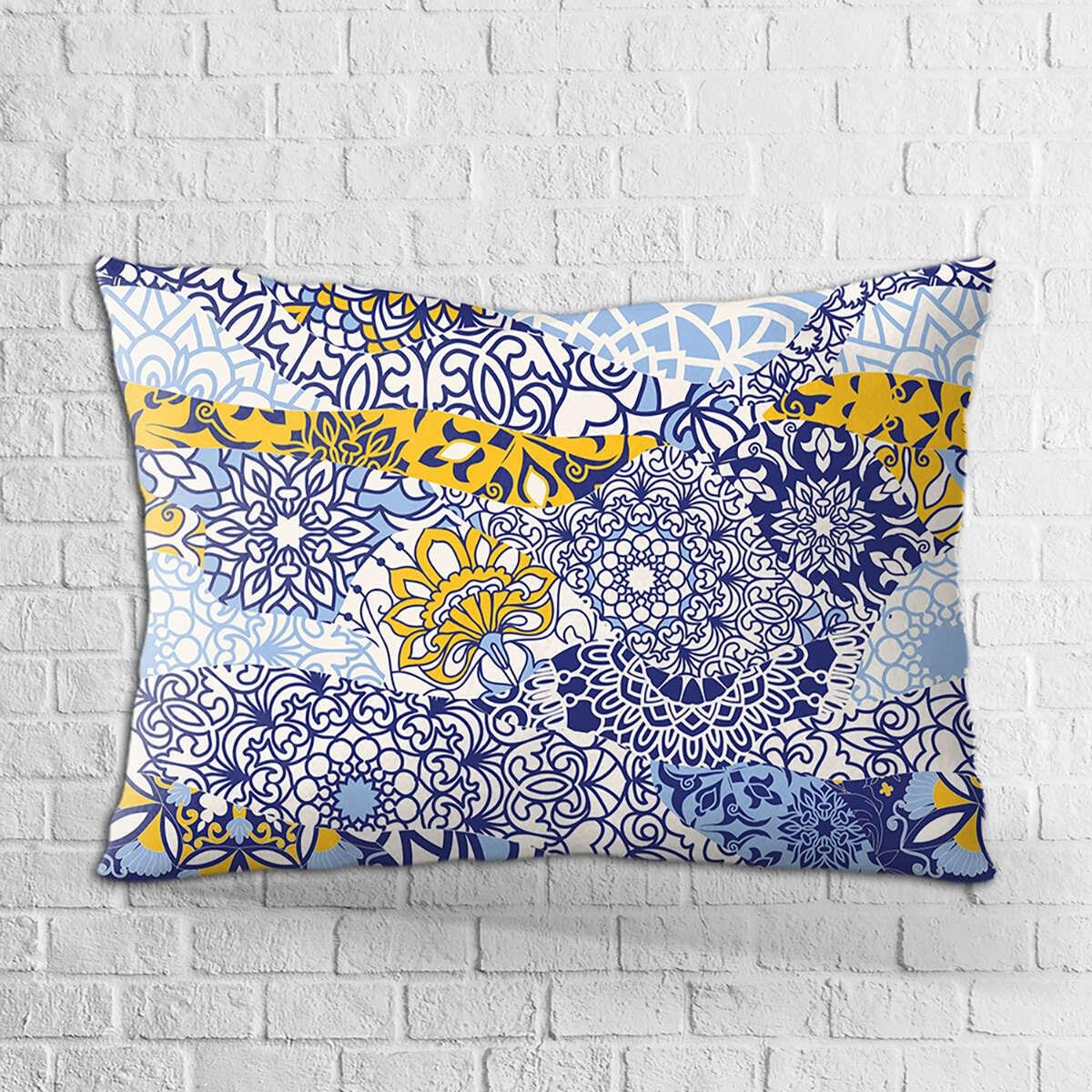Çift Taraflı 35x50 Lacivert Beyaz Etnik Vintage Desenli Dijital Baskılı Kırlent Kılıfı - OTYK016-3550