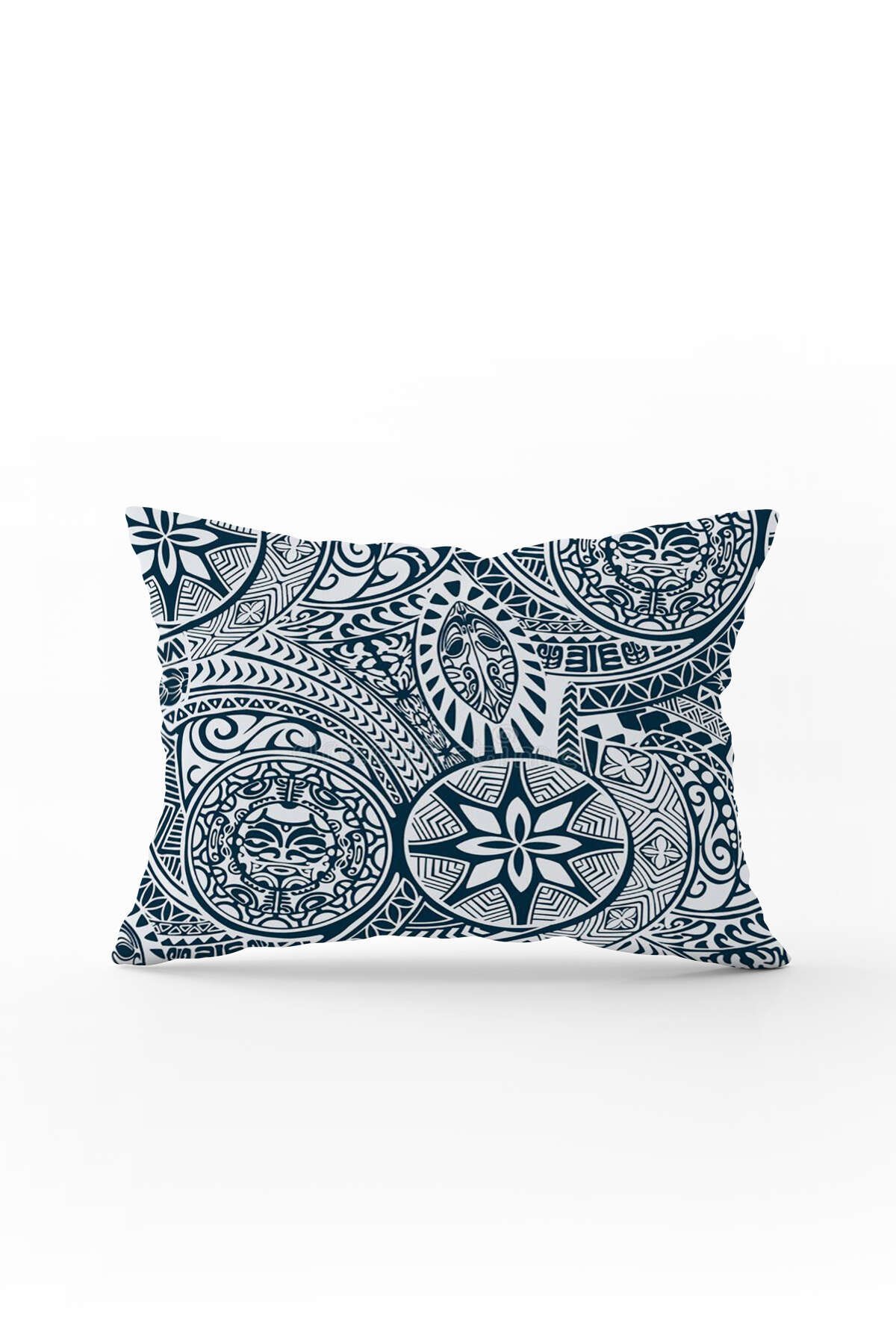 Çift Taraflı 35x50 Mavi Beyaz Vintage Motif Desenli Dijital Baskılı Kırlent Kılıfı - OTYK351-3550