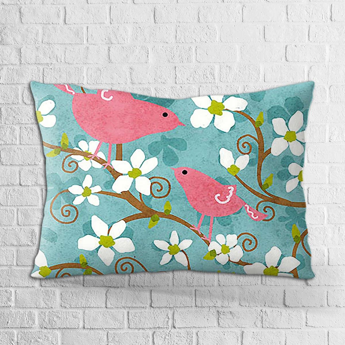 Çift Taraflı 35x50 Mavi Pembe Çiçek ve Kuş Desenli Dijital Baskılı Kırlent Kılıfı - OTYK377-3550