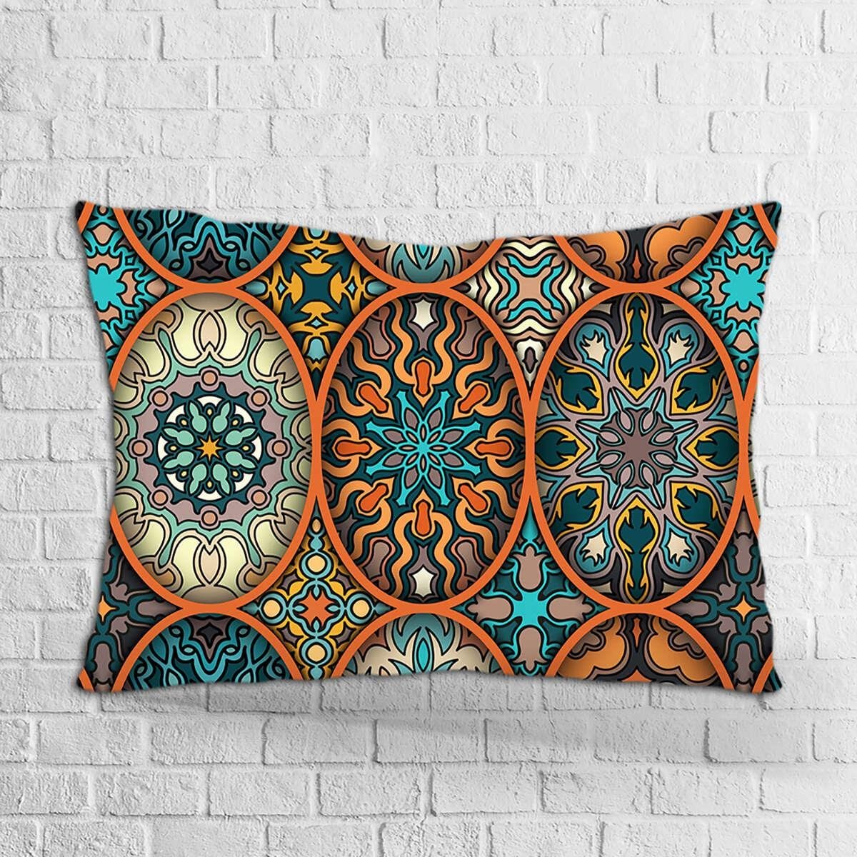 Çift Taraflı 35x50 Turuncu Retro Vintage Desenli Dijital Baskılı Kırlent Kılıfı - OTYK007-3550