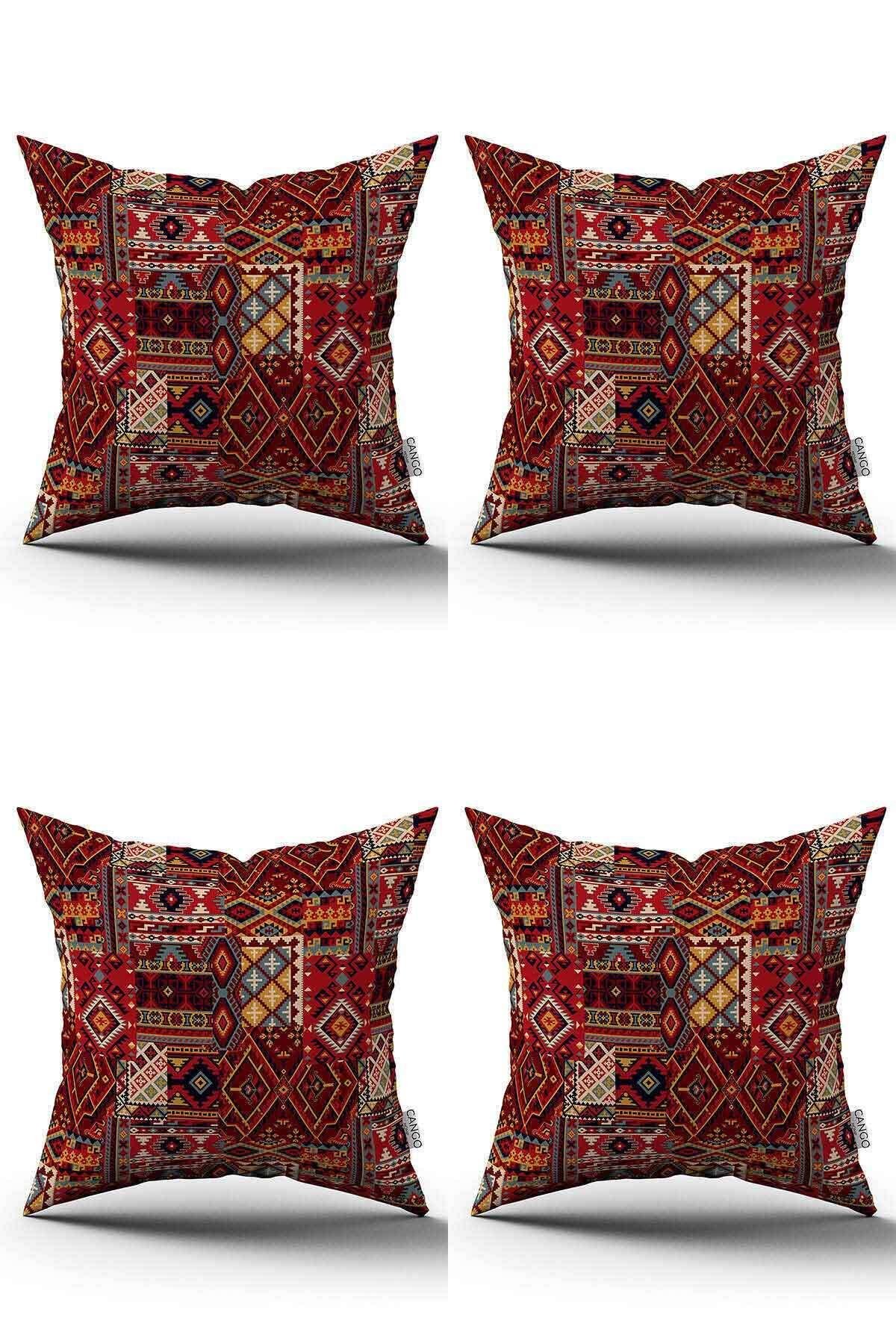 Çift Taraflı Kırmızı Etnik Motif Kilim Desenli 4'lü Dijital Baskılı Kırlent Yastık Kılfı Seti 4kmbs317-CT