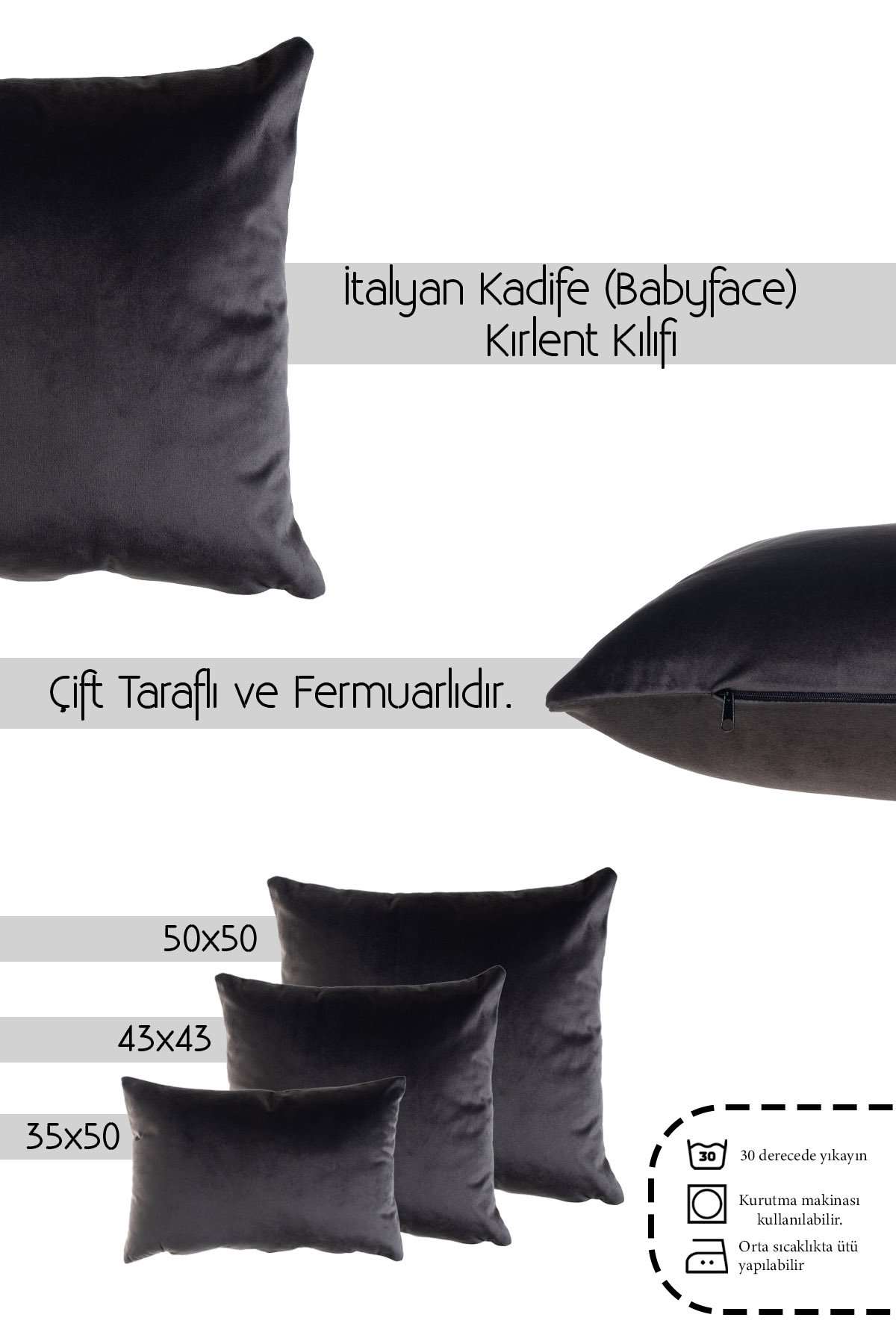 Gri Antrasit Kadife (Babyface) Çift Taraflı Kırlent Kılıfı