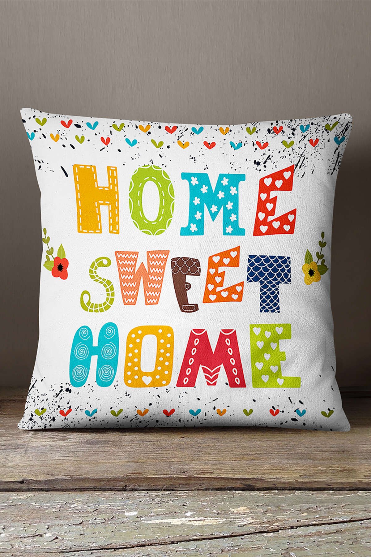 Kadife Babyface Beyaz Çok Renkli Home Sweet Home Yazılı Baskı Kırlent Yastık Kılıfı - CGH444
