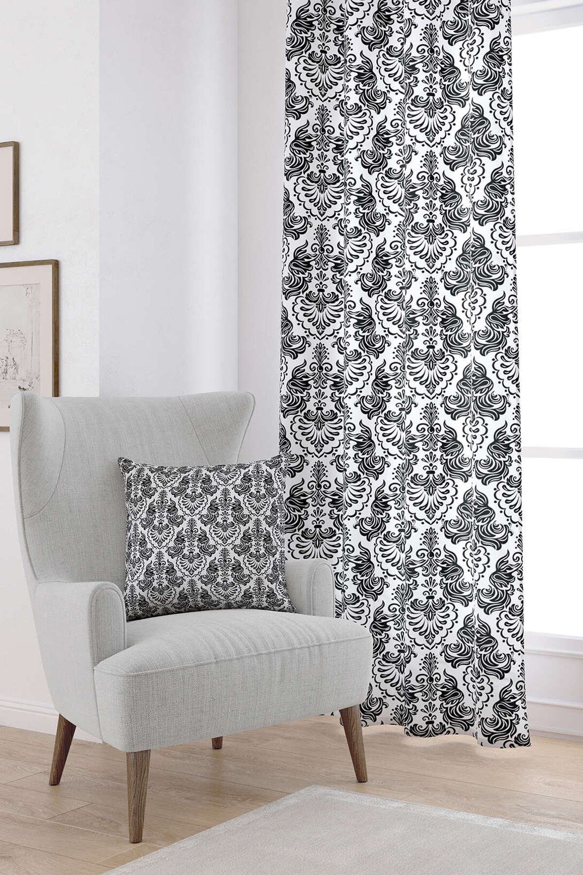 Siyah Beyaz Etnik Damask Desenli Dijital Baskılı Perde CGH343-PR