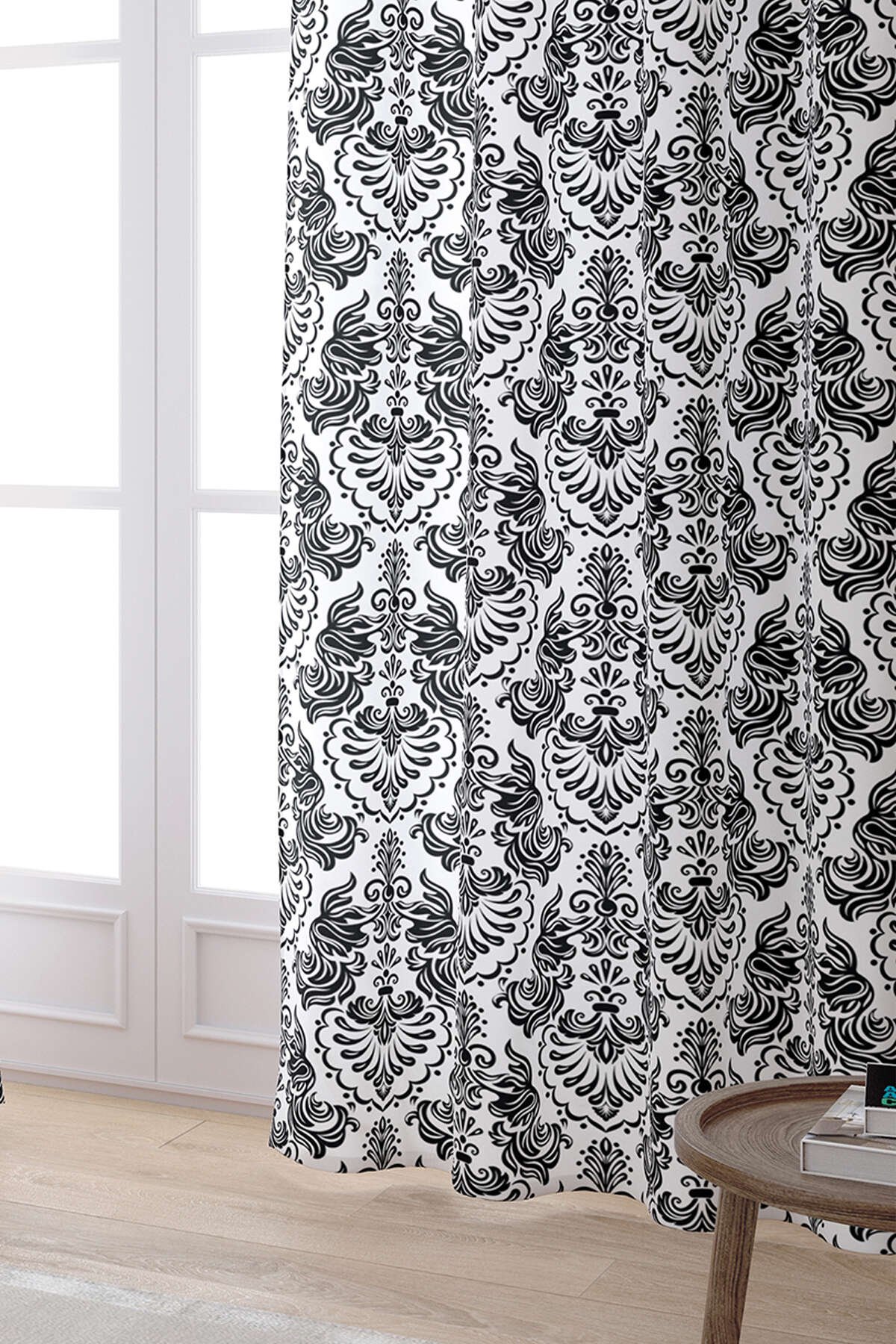 Siyah Beyaz Etnik Damask Desenli Dijital Baskılı Perde CGH343-PR