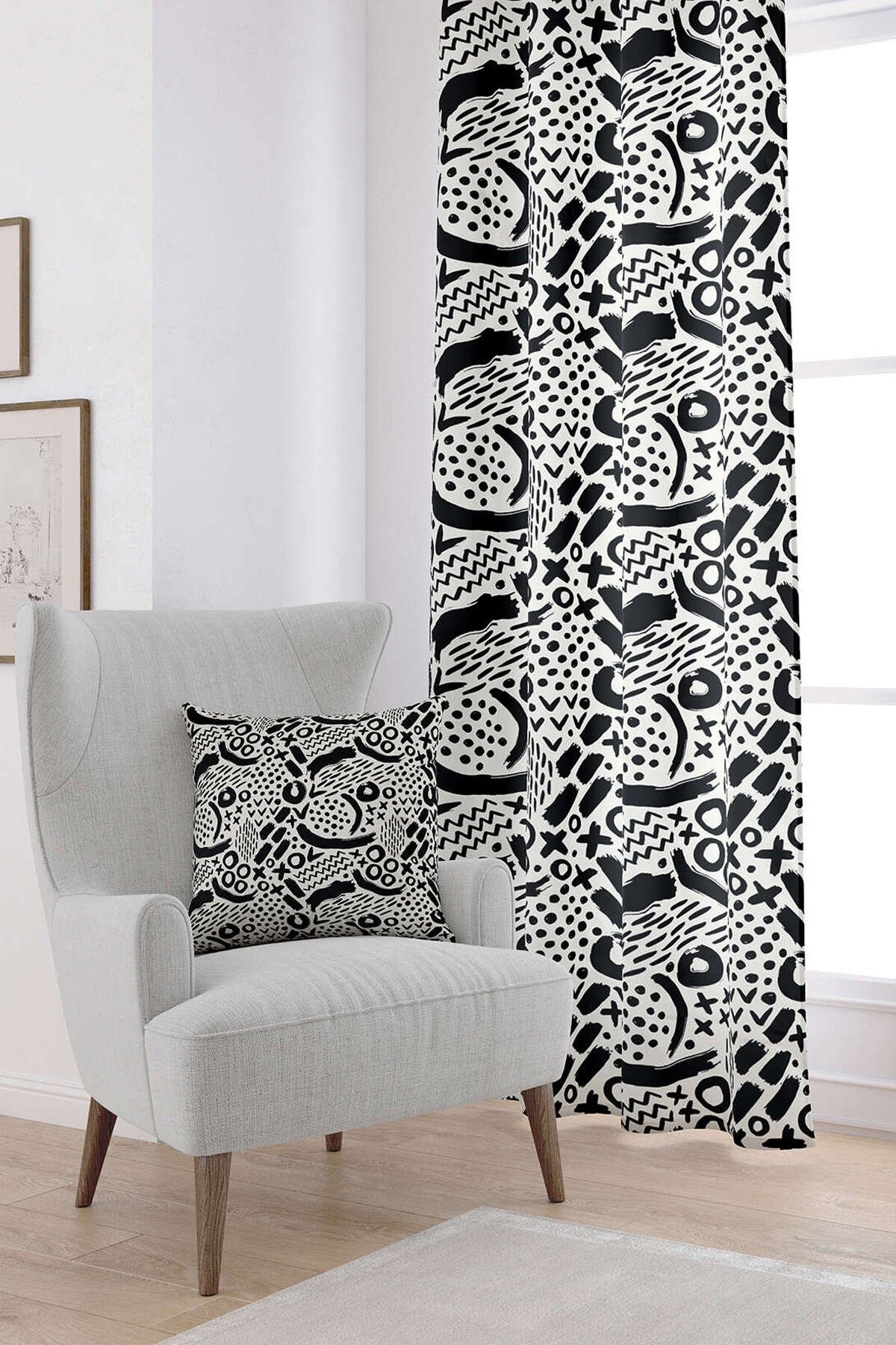 Siyah Beyaz Modern Geometrik Desenli Dijital Baskılı Perde CGH105-PR