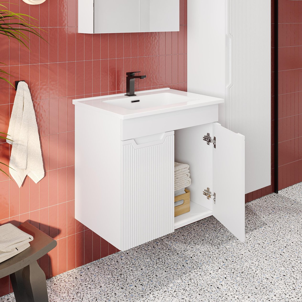 Banyo Dolabı, Ayna Ve Lavabo Seti, Boy Dolaplı 65 Cm, Beyaz