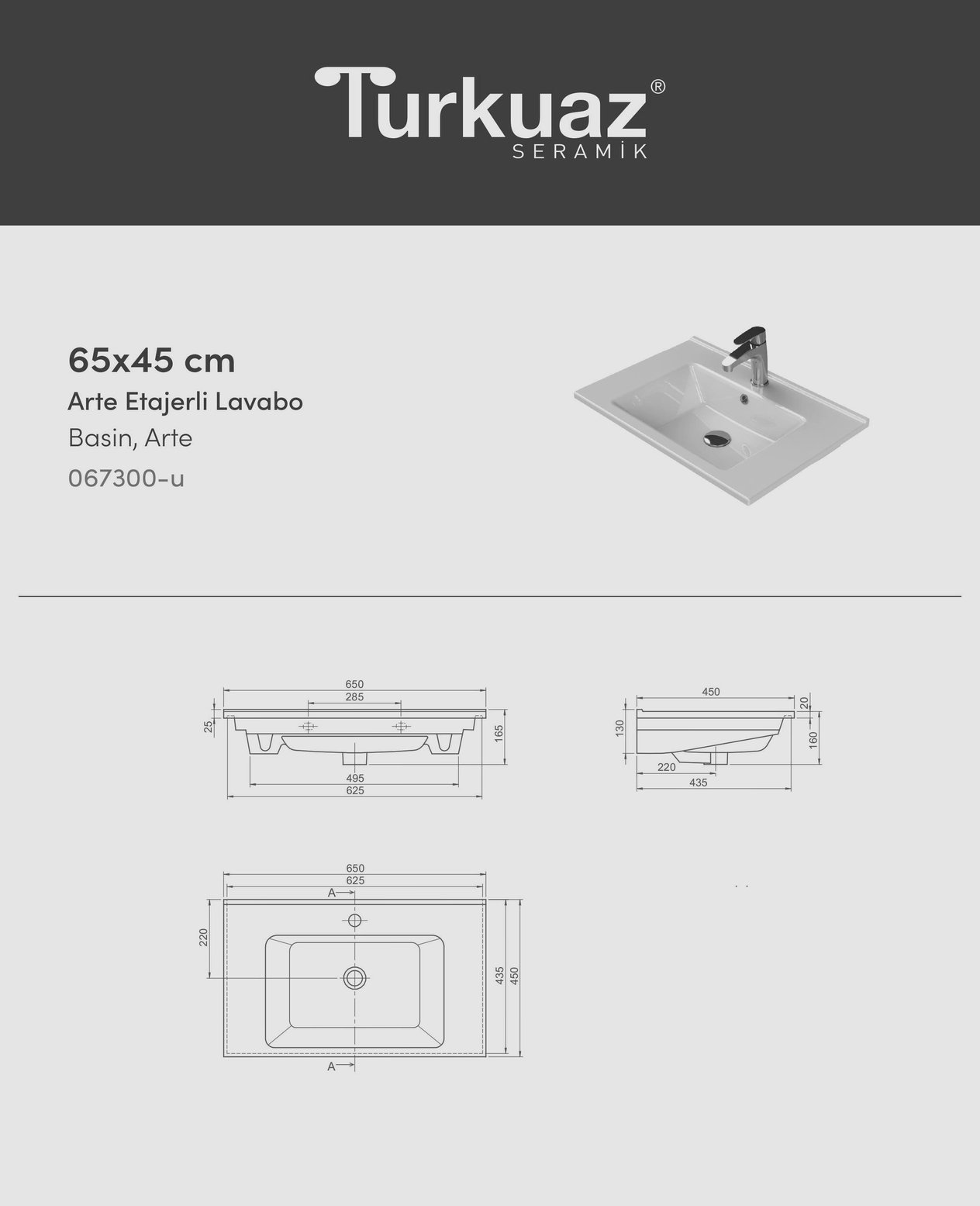 Banyo Dolabı, Ayna Ve Lavabo Seti, Boy Dolaplı 65 Cm, Antrasit Gri