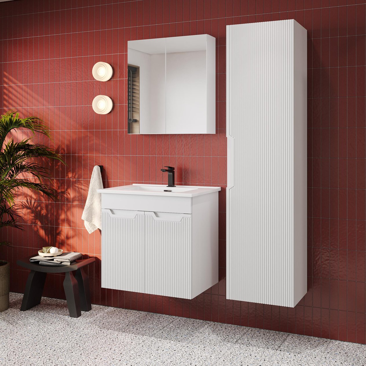 Banyo Dolabı, Ayna Ve Lavabo Seti, Boy Dolaplı 65 Cm, Beyaz