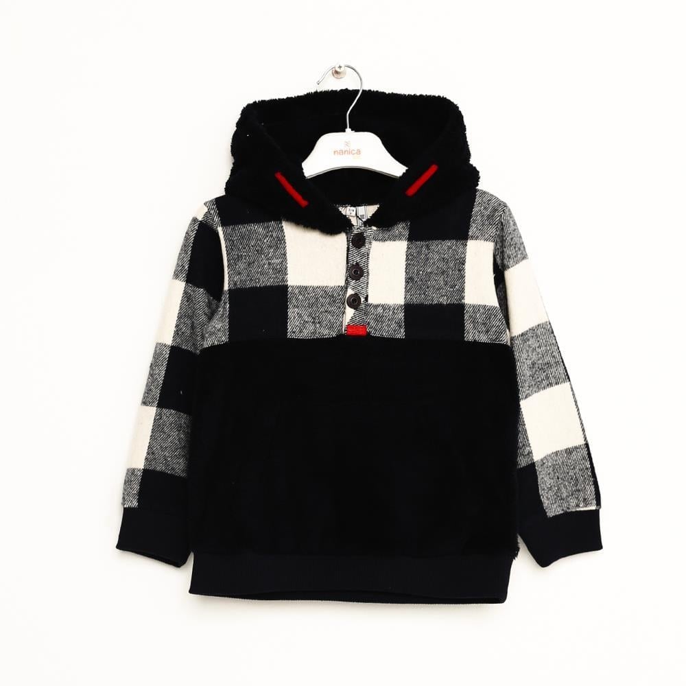 323306Erkek Çocuk Kapşonlu Garnli Peluş Sweatshirt 1-5 Yaş