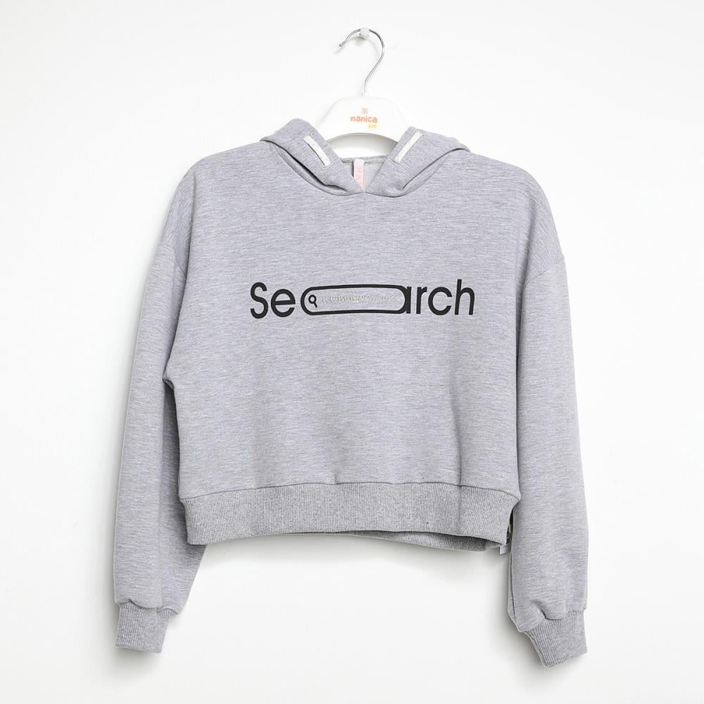 422309Kız Çocuk Kapşonlu Baskılı Crop Sweatshirt 6-16 Yaş