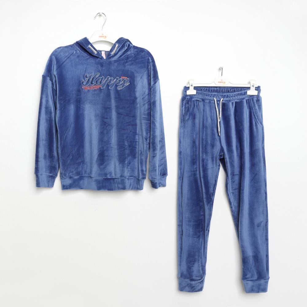 422900Kız Çocuk Kapşonlu Sweatshirt Pantolon Kadife Takım 1-5 Yaş