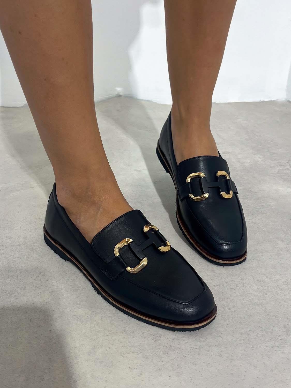 Ebla Ince Taban Toka Detaylı Hakiki Deri Siyah Kadın Loafer