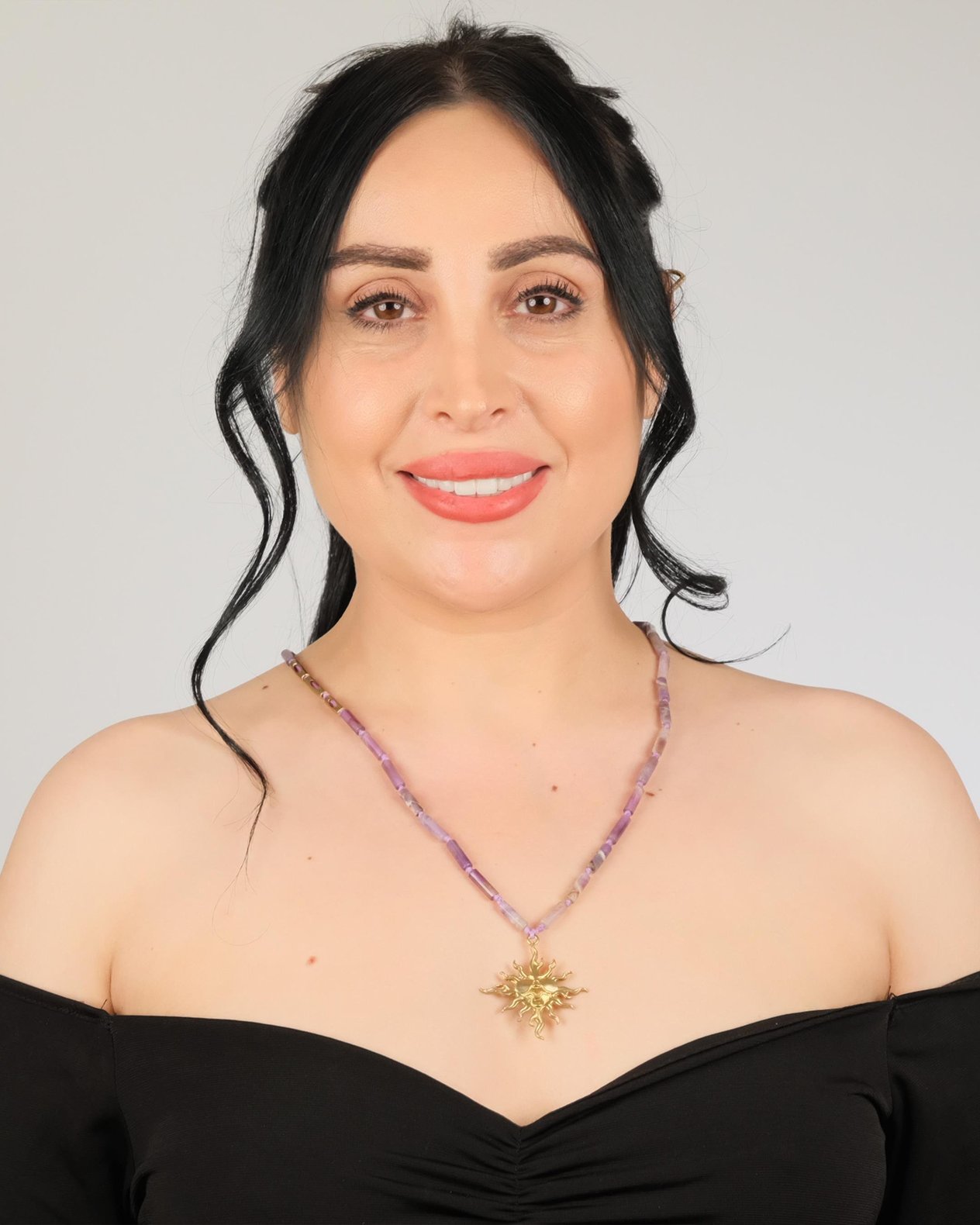 Polimooi El Yapımı Ametist Silindir Boncuklu Bronz Güneş Kolye – Boho Vintage Statement