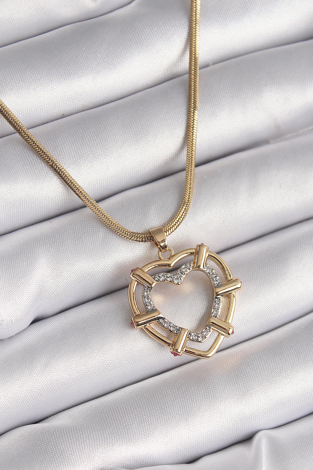316L Çelik Gold Renk İtalyan Zincir Mix Renk Zirkon Taşlı Kalp Model Kadın Kolye * PRT3500EB03195
