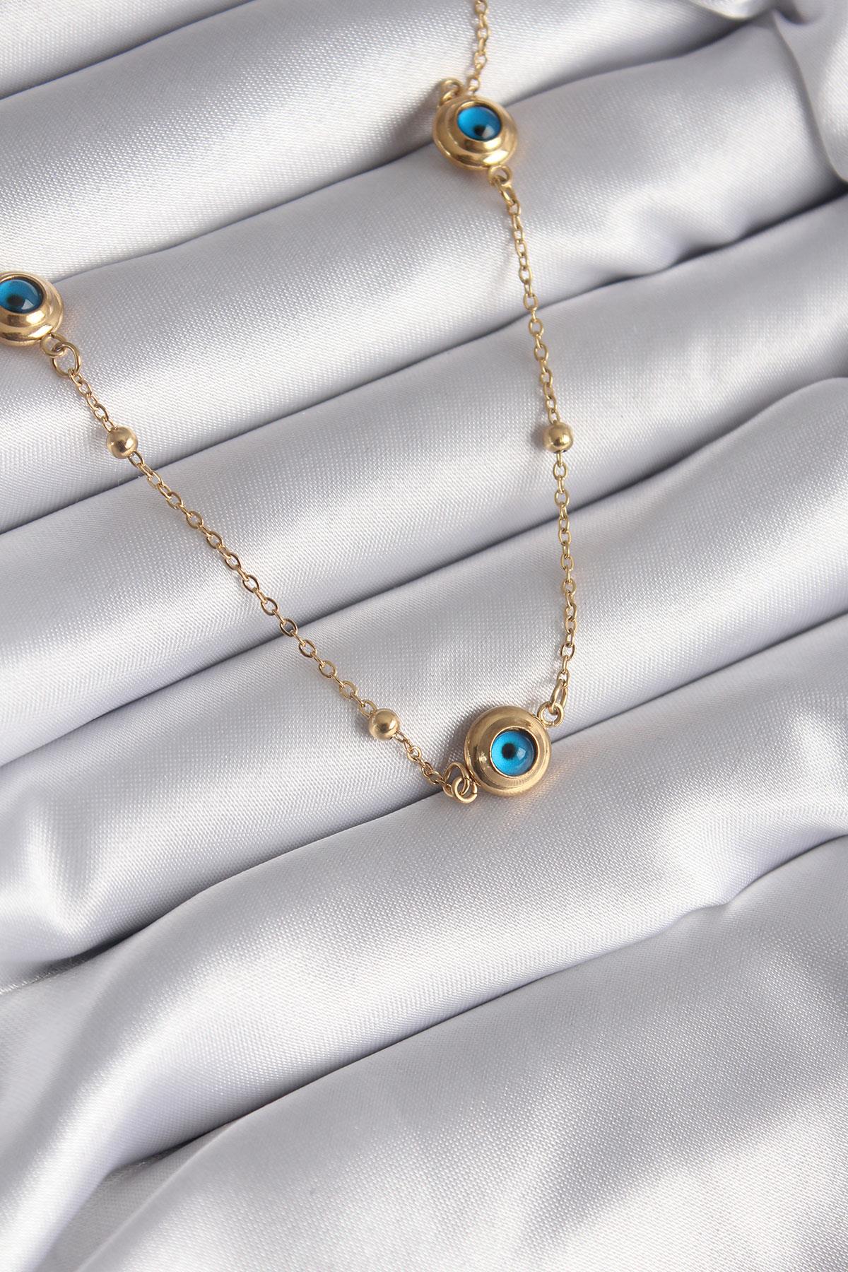 316L Çelik Gold Renk Nazar Boncuk Model Kadın Kolye * PRT3500EB01105