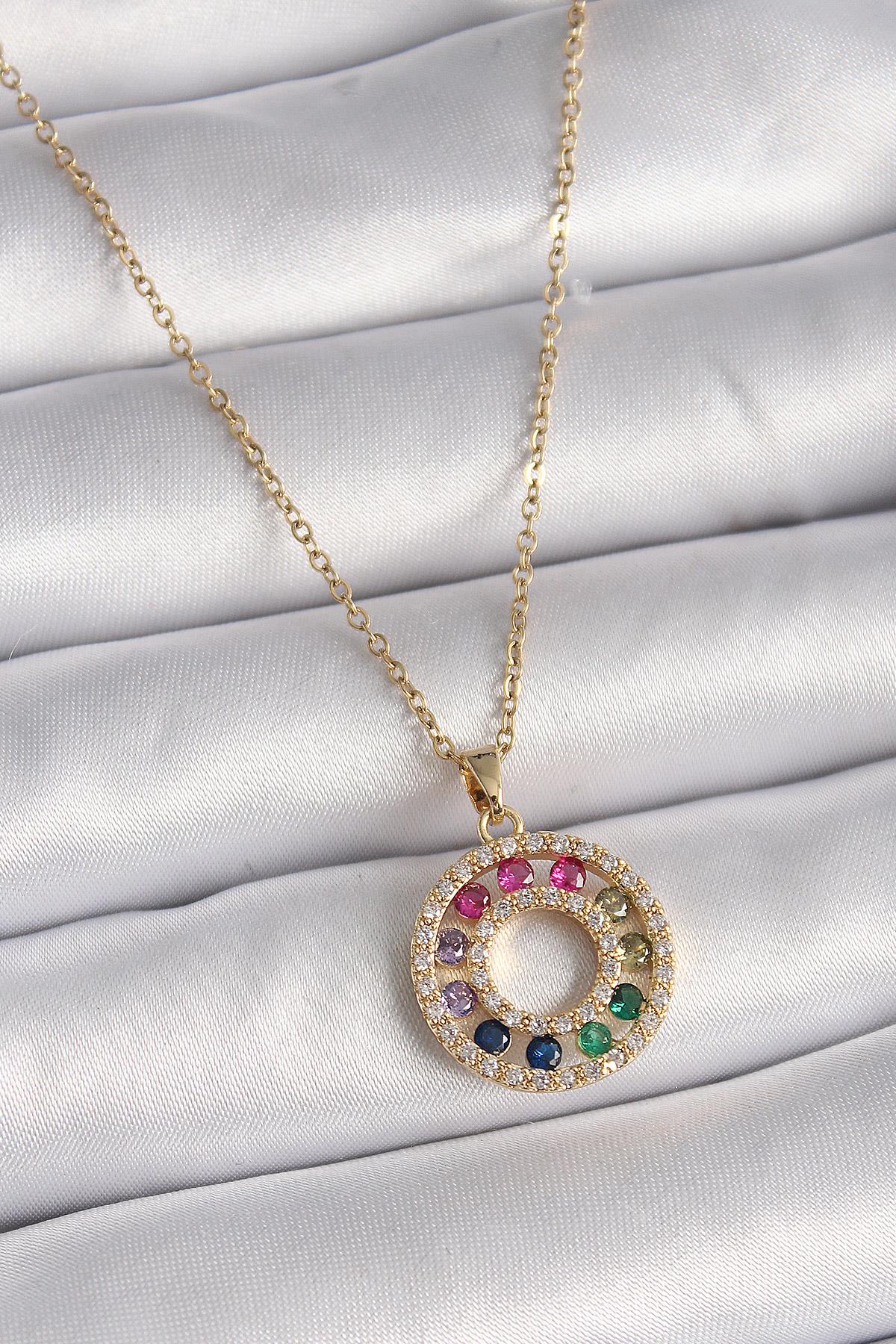 316L Çelik Gold Renk Zincir Renkli Zirkon Taşlı Madalyon Model Kadın Kolye * PRT3500EB02829