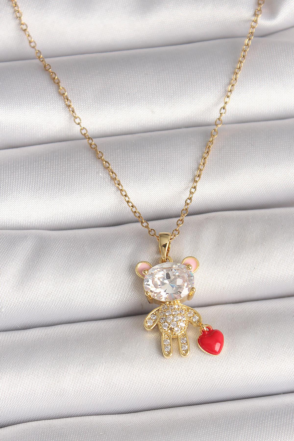 316L Çelik Gold Renk Zincir Zirkon Taşlı Ayıcık Model Kırmızı Kalp Detay Kadın Kolye * PRT3500EB04542