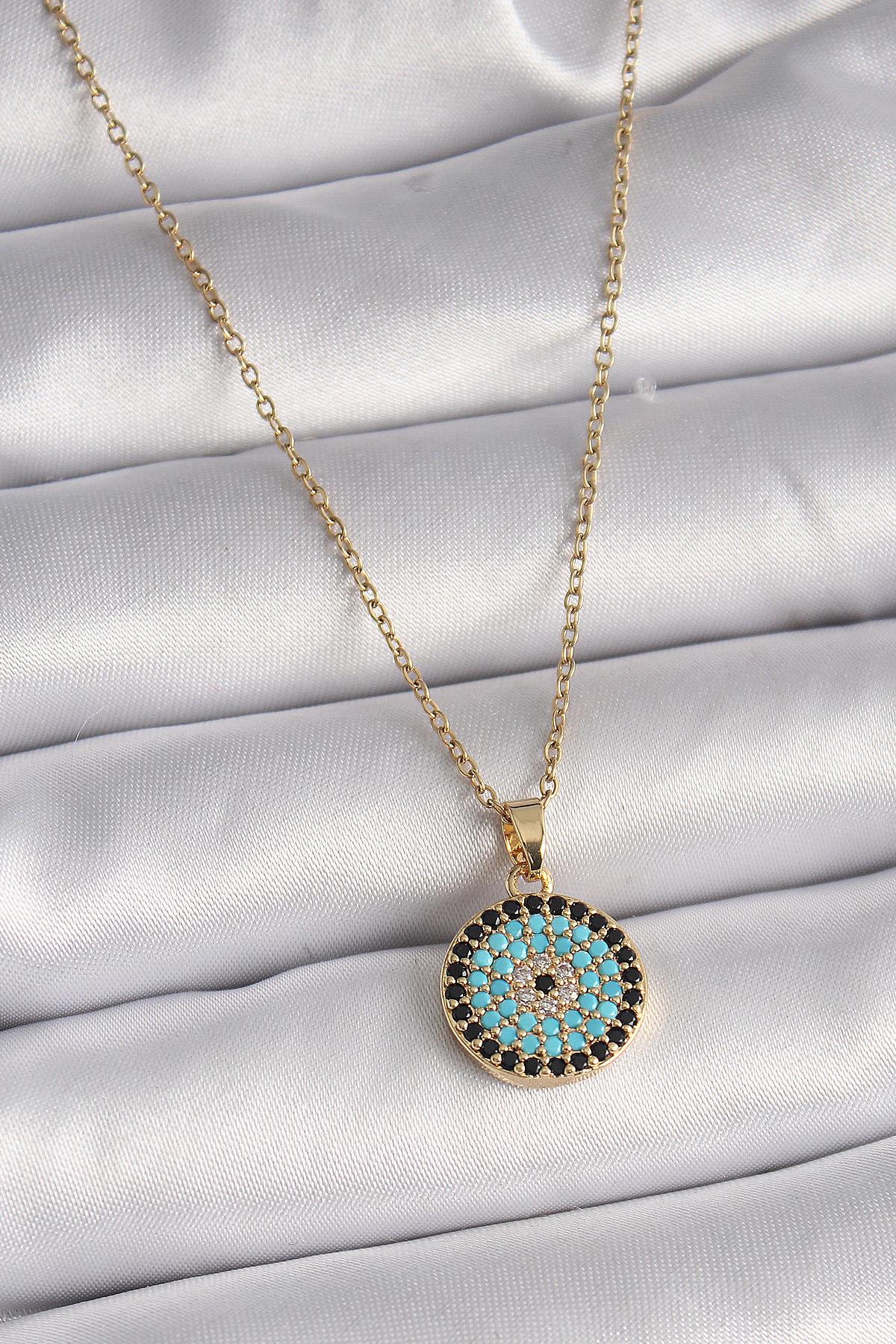 316L Çelik Gold Renk Zincir Zirkon Taşlı Nazar Boncuk Madalyon Model Kadın Kolye * PRT3500EB02827