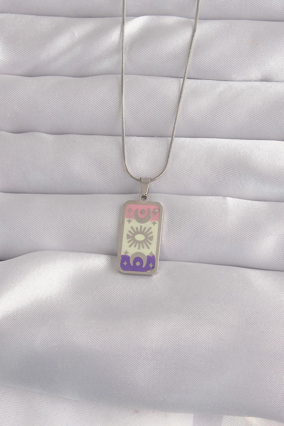 316L Çelik Gümüş Renk Karışık Mineli Ay Figür Tarot Kolye * PRT3500EB02151