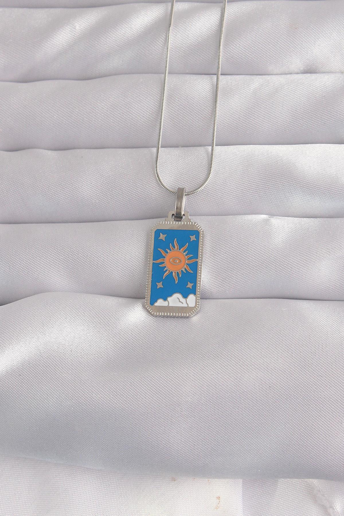 316L Çelik Gümüş Renk Mavi Mineli Güneş Model Tarot Kolye * PRT3500EB02149