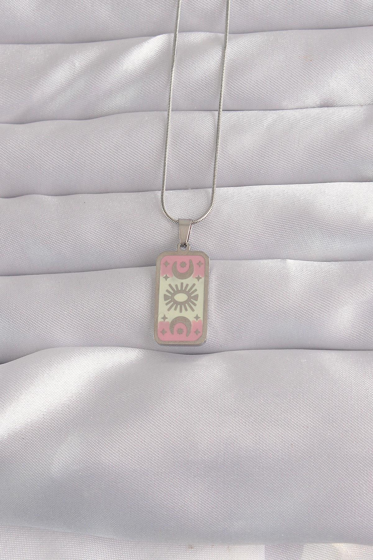 316L Çelik Gümüş Renk Pembe Mineli Ay Figür Tarot Kolye * PRT3500EB02152