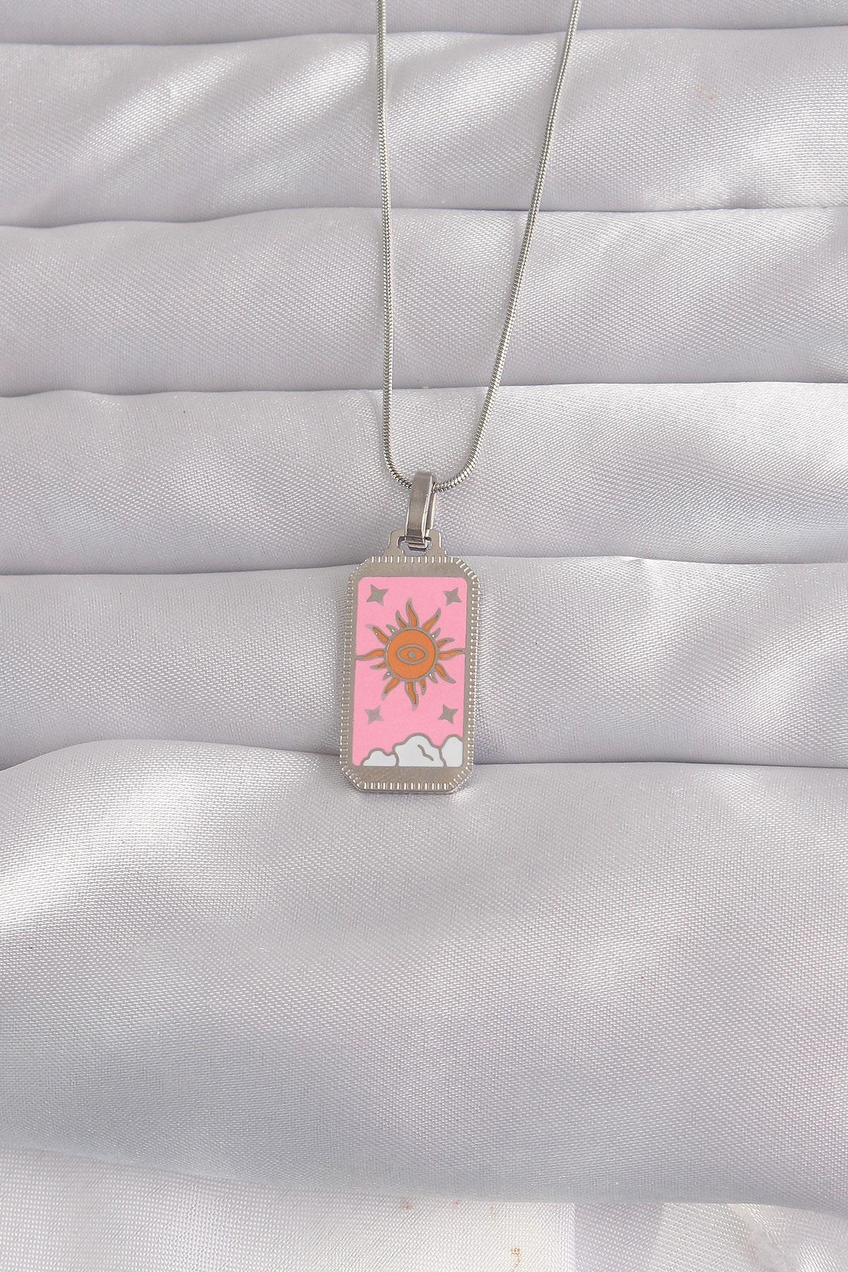 316L Çelik Gümüş Renk Pembe Mineli Güneş Model Tarot Kolye * PRT3500EB02150