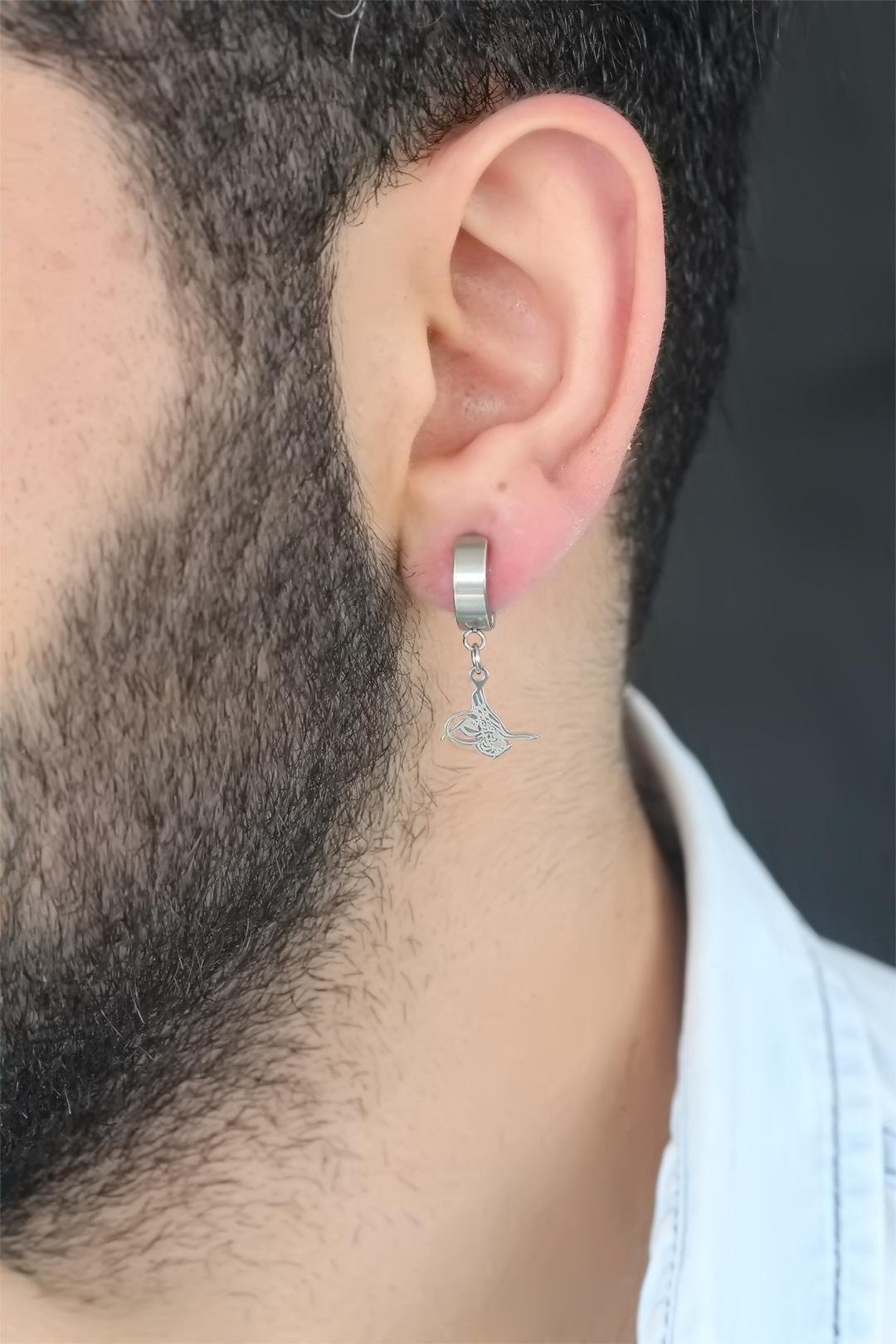 Silver Renk Kaplama Osmanlı Tuğra Figürlü Kıstırmalı Çelik Erkek Küpe * PRT3500EB05147