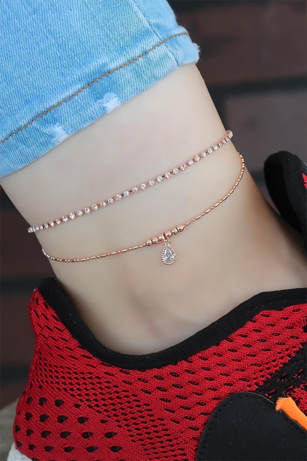 Zirkon Taşlı Rose Renk Kaplama Çift Zincirli Hal Hal * PRT3500EB07109