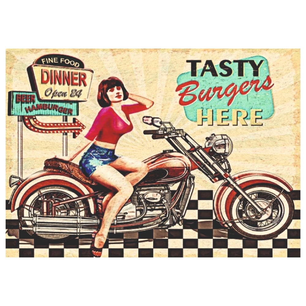 Tasty Burgers Here Retro Ahşap Tablo - 50'ler Diner & Motosiklet Temalı Tasarım