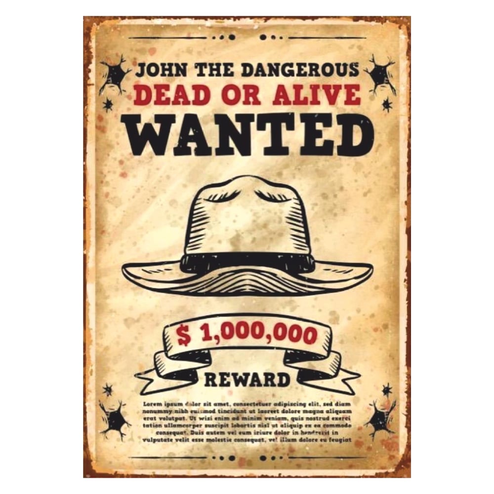 Wanted Poster Retro Ahşap Tablo – Western Tarzı Aranıyor Afişi ve Kovboy Temalı Dekor