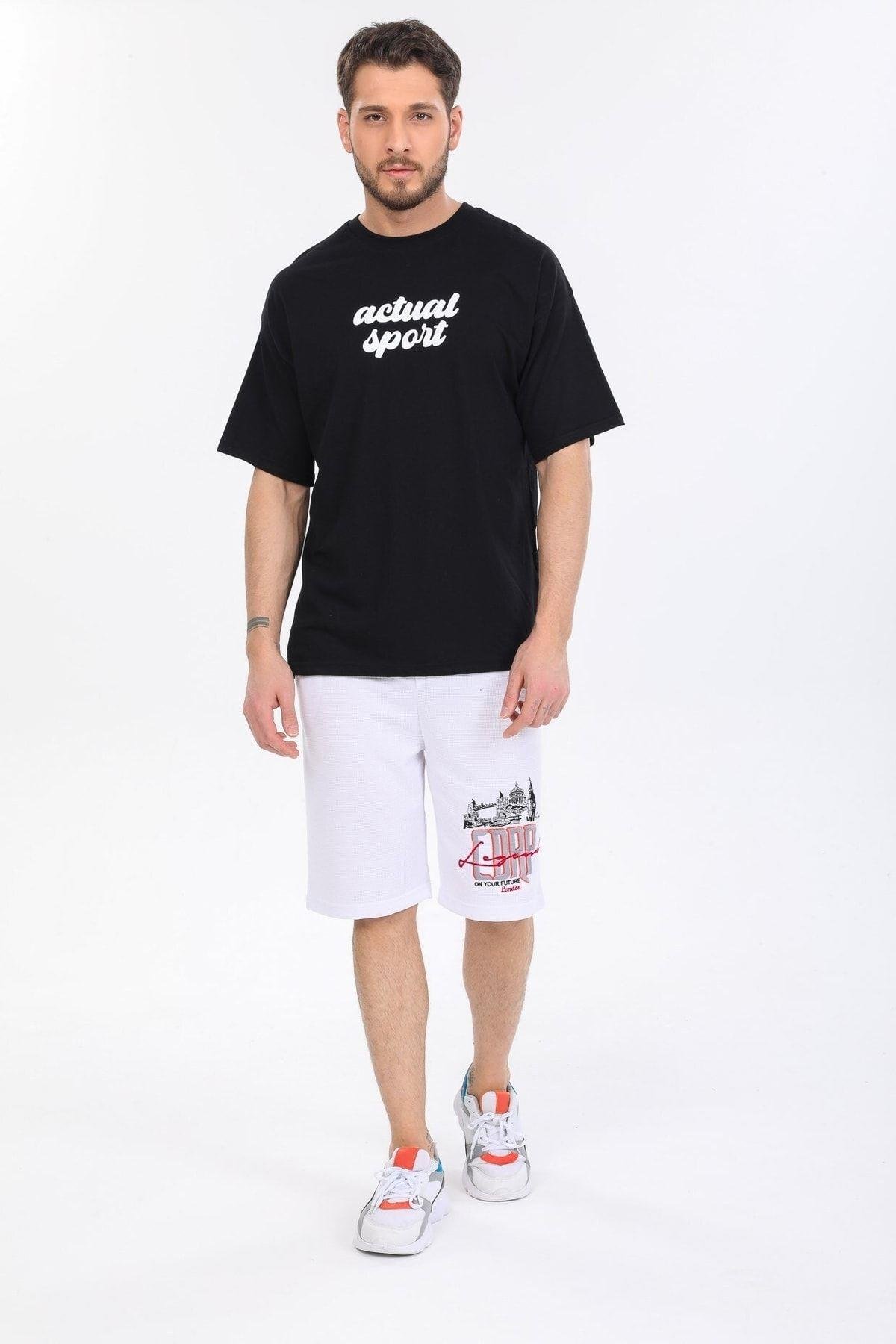 Oversize Actual Sport Yazılı Siyah T-shirt