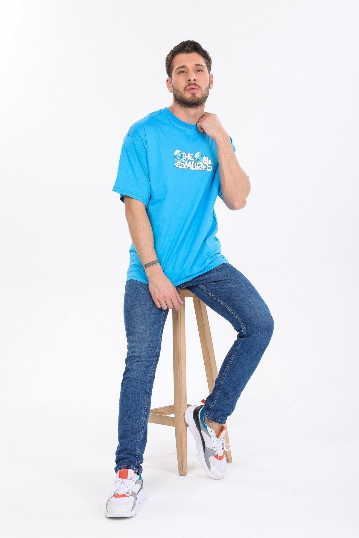 Smurfs Yazılı Mavi T-shirt