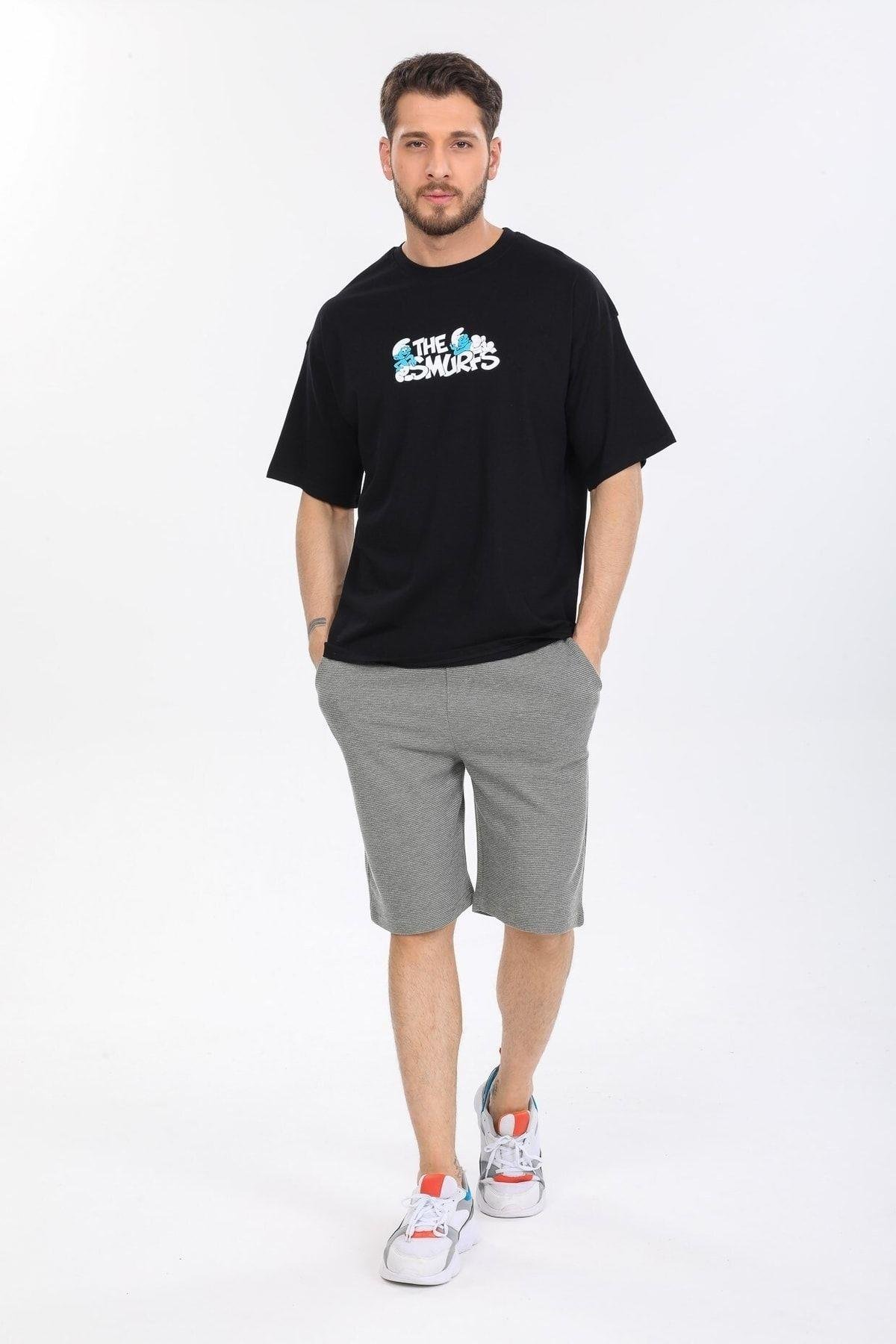 Oversize Smurfs Yazılı Siyah T-shirt