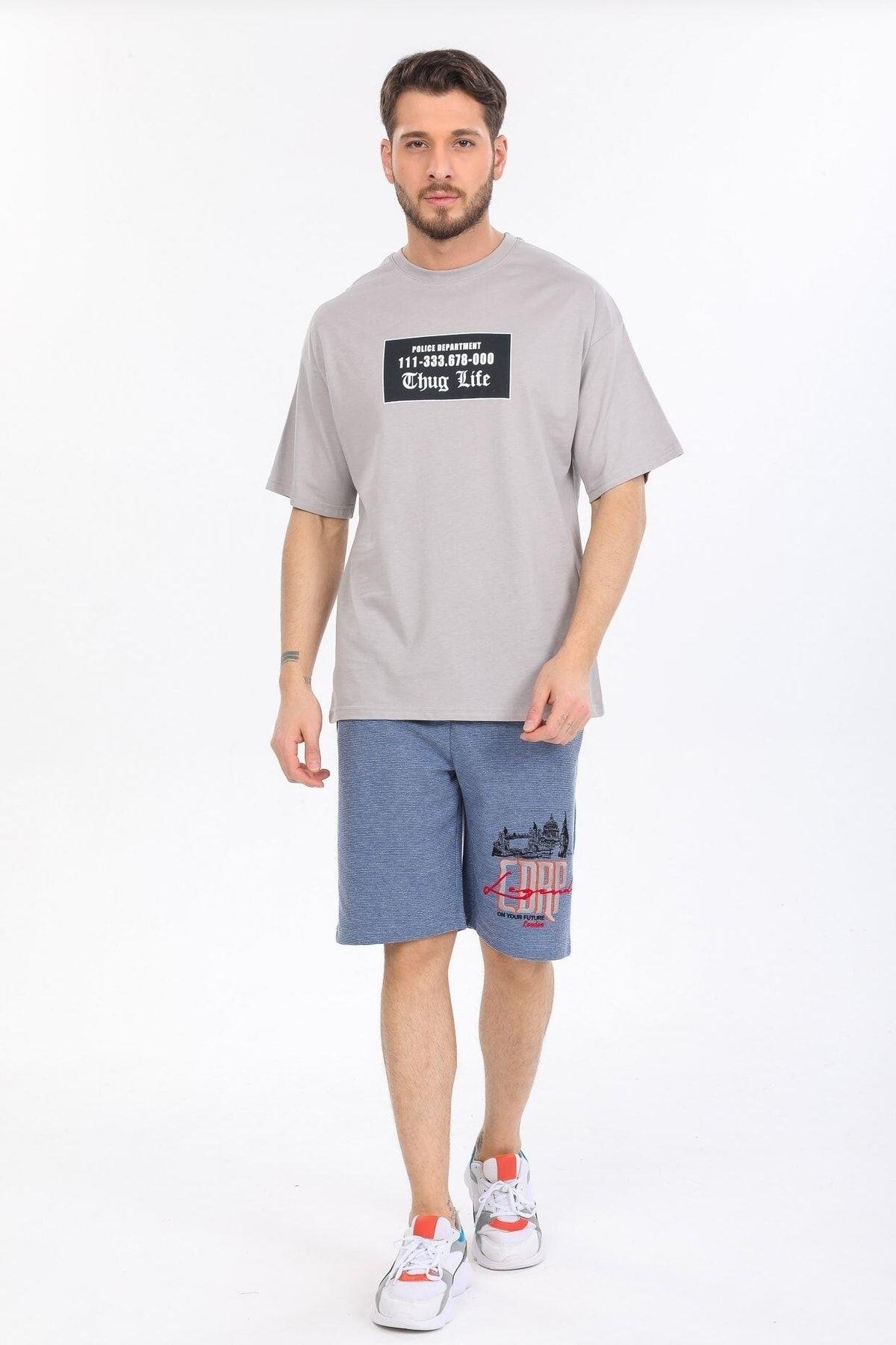 Oversize Thug Life Yazılı Gri T-shirt