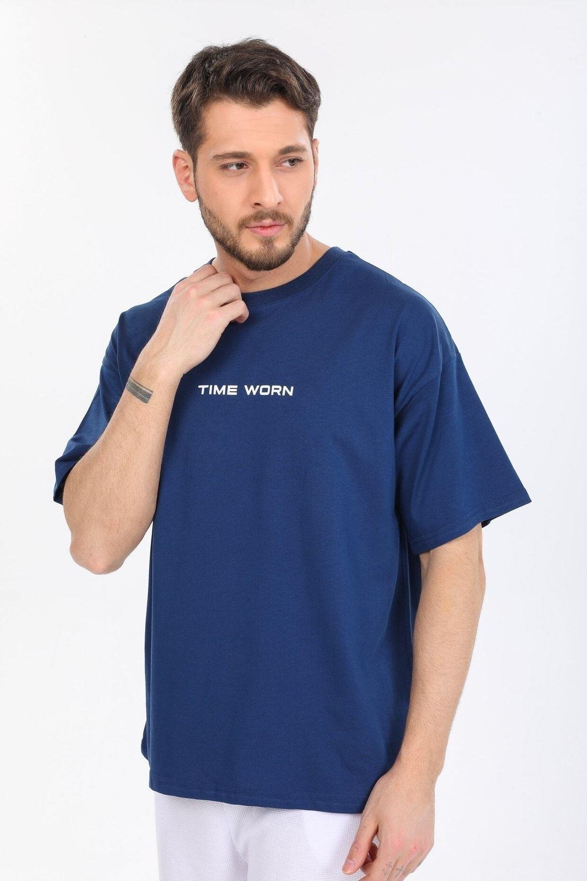 Time Worn Yazılı Mavi T-shirt